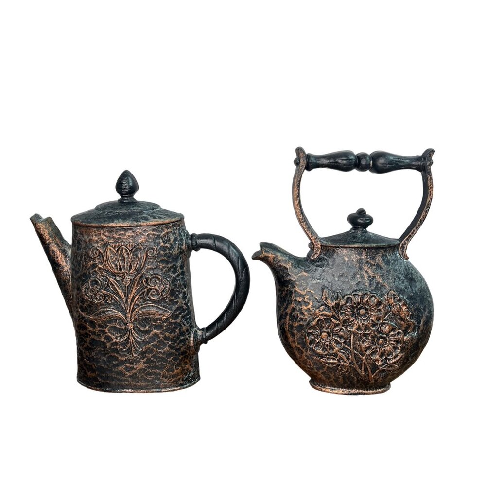 Vintage Homco Copper Patina Plastic Teapot & Pitcher Set Floral  Wall Hanging